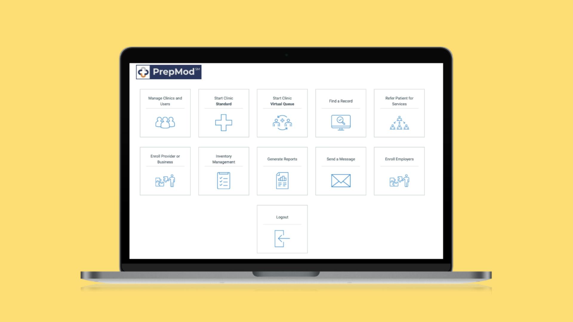 A laptop computer with a screenshot of the PrepMod app against a yellow background.