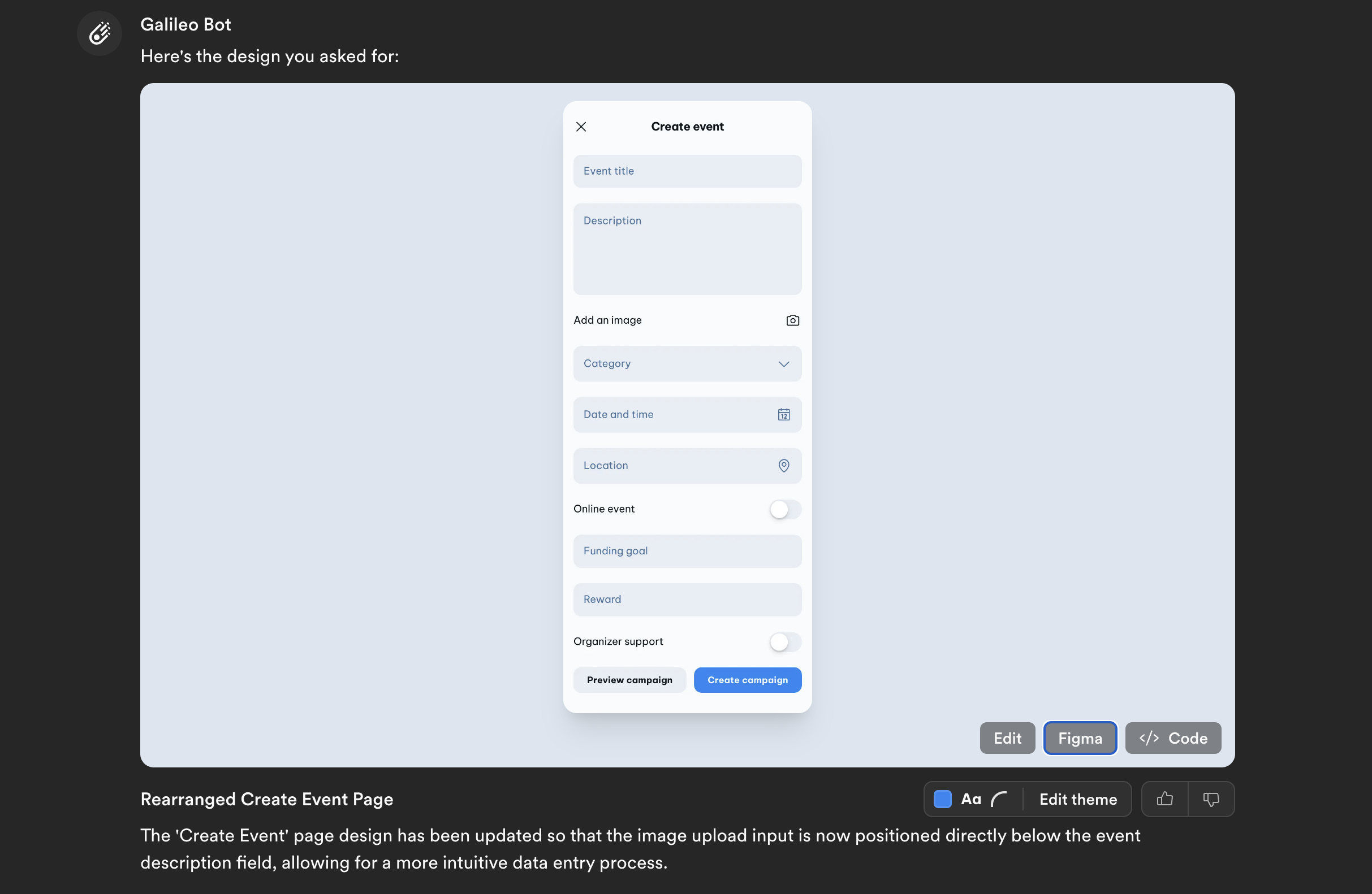 Screenshot of Galileo UI generation of the create page