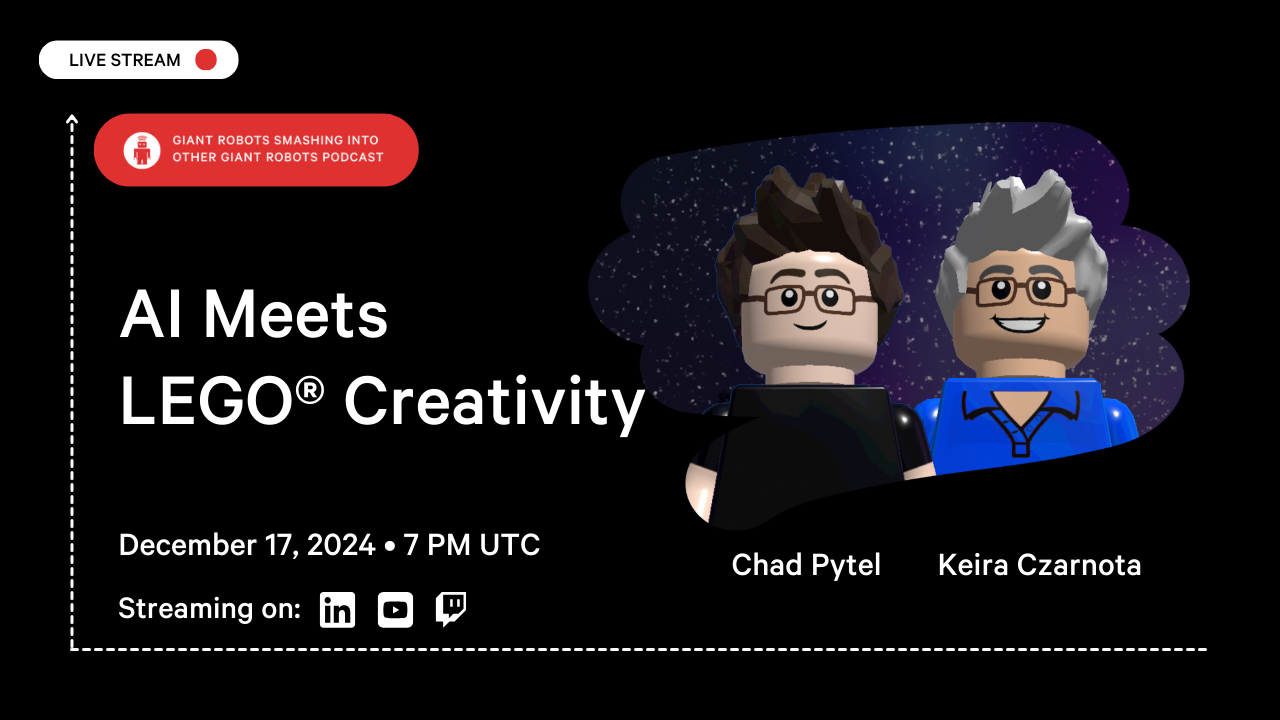 Banner image featuring the title AI Meets LEGO Creativity and LEGO headshots of Chad and Keira