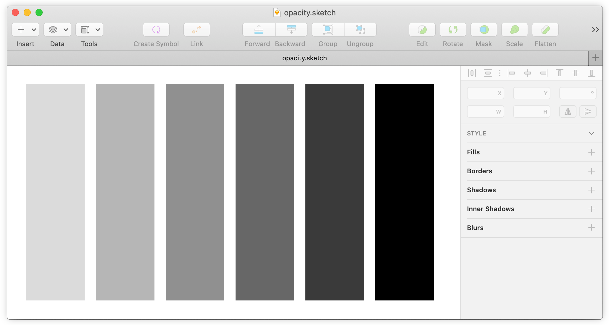 A sketch window, with rectangles of different opacities
