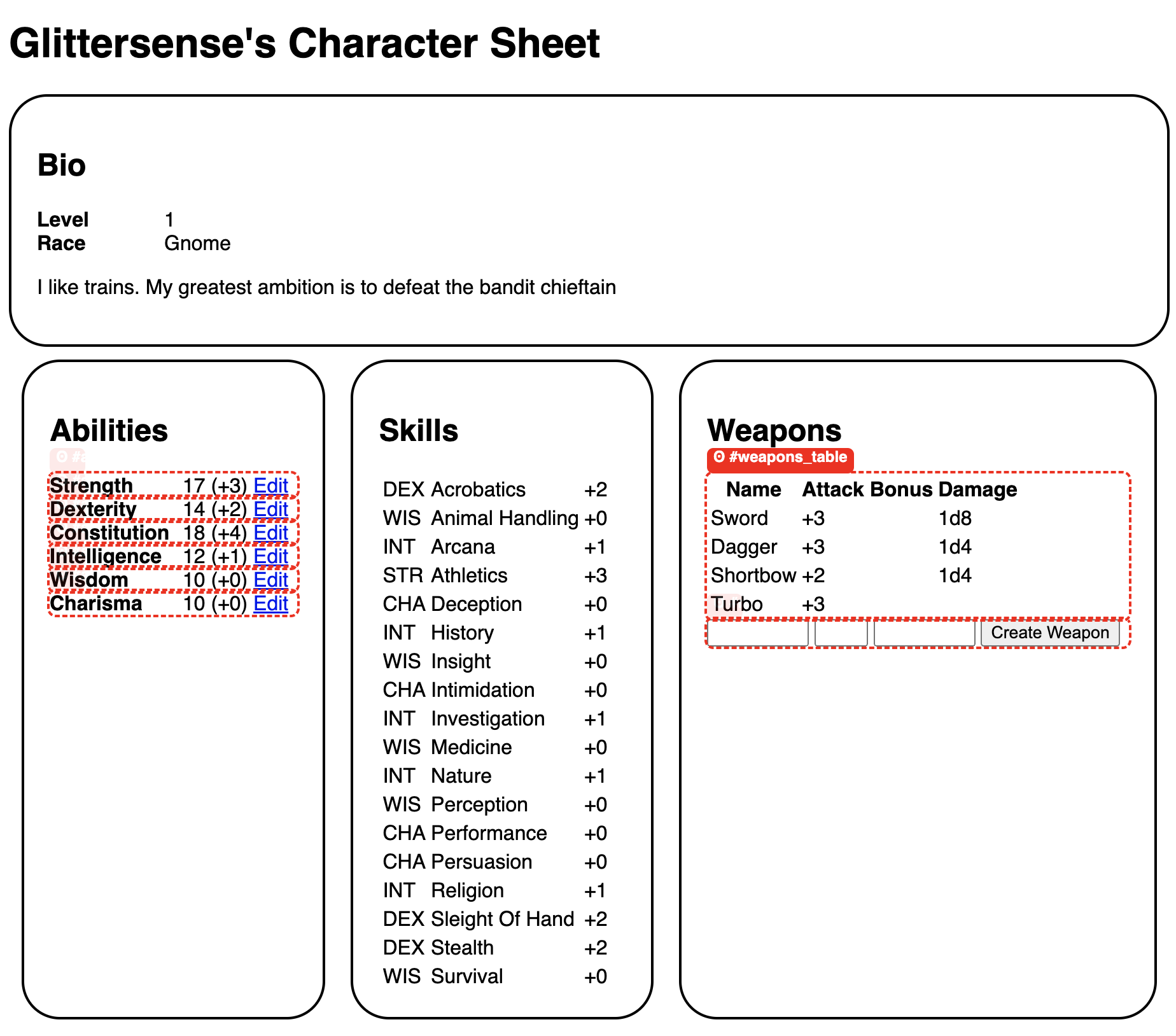 Screenshot of a D&D character sheet webpage with turbo frames highlited through the use of a browser extension