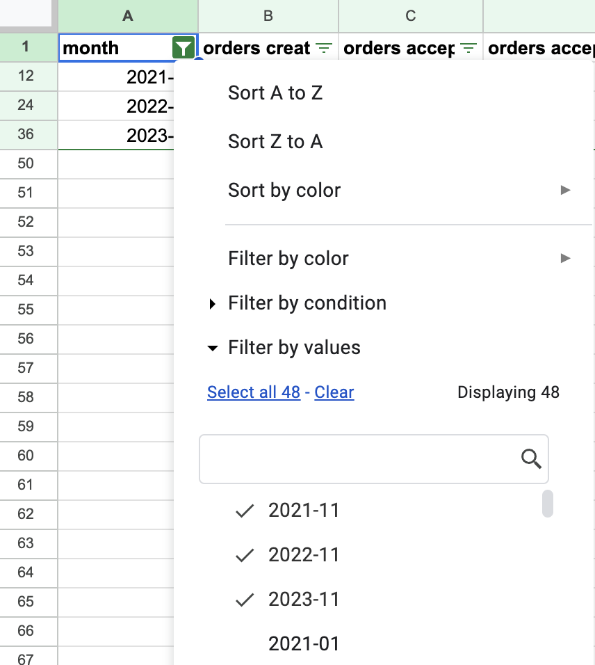 Filtering a header row in a spreadsheet
