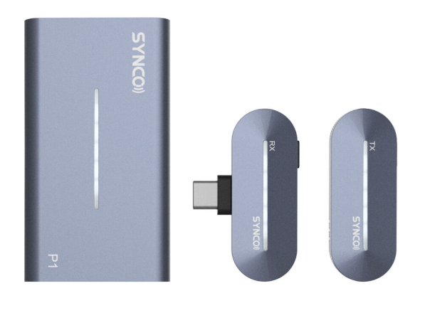 A transmitter and USB C receiver microphone pieces with square charging case