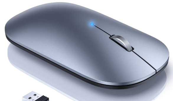A wireless mouse with scrolling wheel and USB A connector