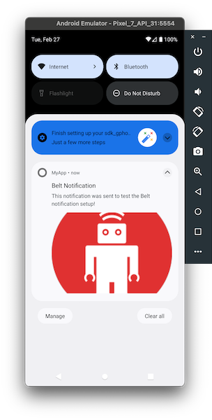 The notification is displayed on top of the notification's tray, it contains a title, description, and an image provided by the image url set in the Firebase dashboard.