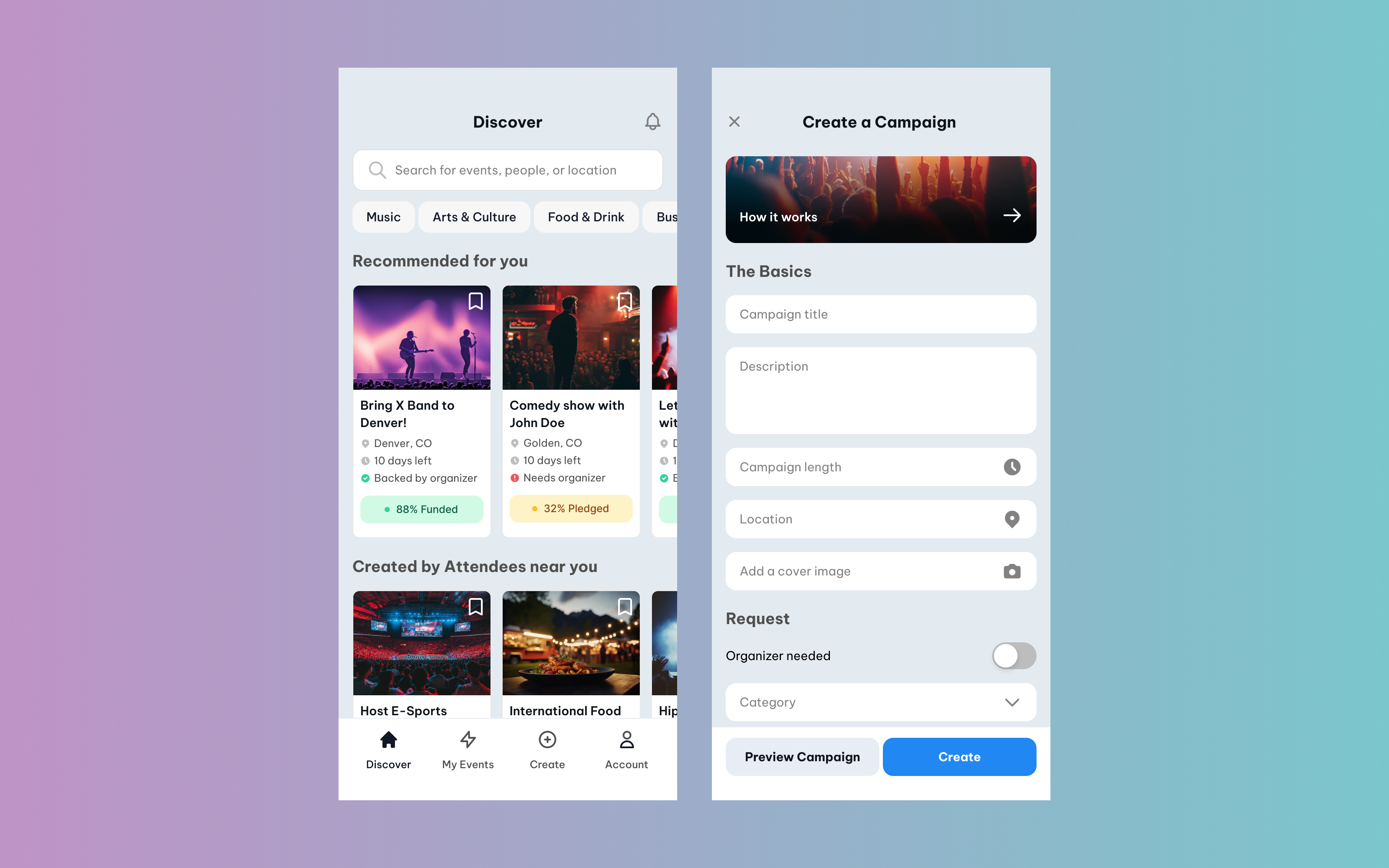 Screenshot of human created Figma UI designs of the Discover and Create page
