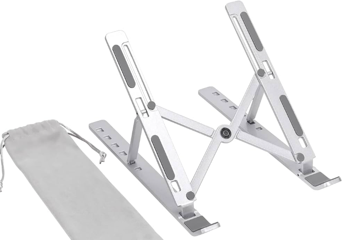 A computer stand open next to a soft sleeve case on the left